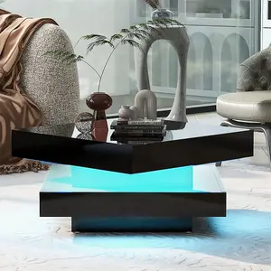 Black Square High Gloss Coffee Table with Rotating Top, Tea Table with 16-Color LED light, 70x70x36 cm