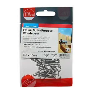 TIMCO Classic Multi-Purpose Countersunk A2 Stainless Steel Woodcrews - 3.5 x 30 (30pcs)