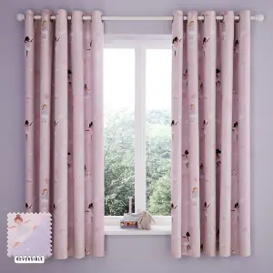 Catherine Lansfield Dancing Fairies 66x72 Inch Fully Reversible Lined Two Curtain Panels Pink