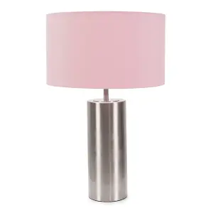 ValueLights Lexy Brushed Chrome Touch Table Lamp with Blush Pink Drum Shade