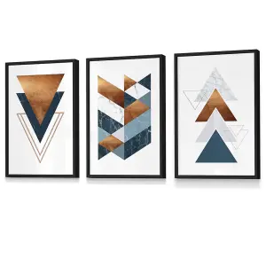 Set of 3 Mid Century Teal Orange Abstract Geometric Wall Art Prints / 30x42cm (A3) / Black Frame