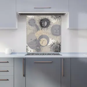 Grey Black Abstract Moon and Sun Premium Glass Kitchen Splashback W600mm x H650mm