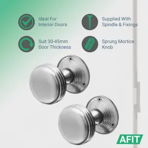 AFIT Lined Door Knob Set Satin Chrome - 4 Pairs of Mortice Knobs (55mm) & Latch (76mm) for Internal Doors