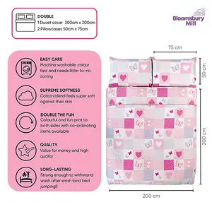 Bloomsbury Mill - Patchwork Butterflies & Hearts Kids Double Bed Duvet Cover and Pillowcases Set for Girls - Double - 200 x 200cm