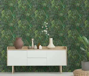 Erismann Tropical Palm Leaf Leaves Jungle Wallpaper Vinyl Botanical Greenery Green 10081-07