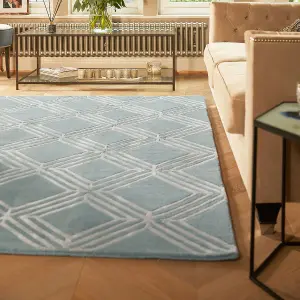 Blue Geometric Wool Handmade , Luxurious , Modern Rug for Living Room and Bedroom-120cm X 170cm