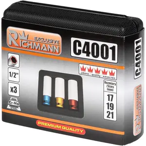 RICHMANN C4001, 1/2" hi-torque alloy deep impact sockets sizes 17, 19, 21mm