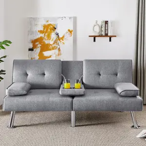 Astro Grey Fabric Sofa Bed - Chrome Legs-Cup holders, 3-Seater Multipurpose Couch/ Sofa