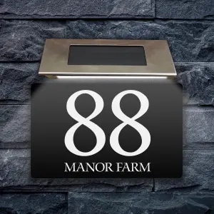 Personalised Aluminium House Plaque with Solar Light Customised with Your House Number and Street Name 160 x 280mm Black