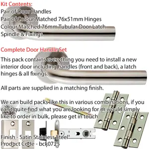 Door Handle & Latch Pack - Satin Steel - Rounded Bar Lever On Round Rose