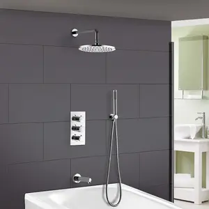 Flora 3 Way Round Concealed Thermostatic Mixer Valve Hand Shower Bath Filler