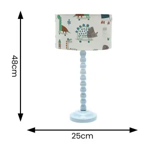 Powder Blue Bobbin Stem Table Lamp with Cartoon Dino Drum Shade for Living Room Bedroom - LED Bulb Included