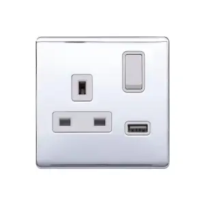 Polished Chrome Screwless Plate 13A 1 Gang Switched Plug Socket (3.1A) USB Outlet - White Trim - SE Home