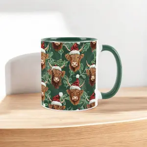 Christmas Highland Cow & Holly Green Ceramic Mug - Tea/Coffee Novelty Xmas Gift