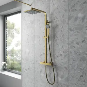 Square Thermostatic Shower Kit with Fixed Head & Adjustable Handset - Brushed Brass