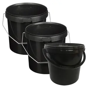 10 x Strong Heavy Duty 10L Black Multi-Purpose Plastic Storage Buckets With Lid & Handle