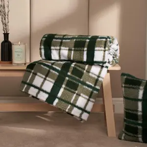 Check Tartan Teddy Fleece Throw Over Bed Blanket Warm Soft, Green - 150 x 200cm