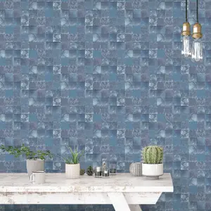 Galerie Evergreen Navy Aqua Tile Smooth Wallpaper