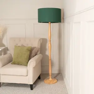 ValueLights Victoria Traditional Light Wood Candlestick Floor Lamp with Forest Green Drum Shade