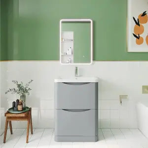 Floor Standing 2 Drawer Vanity Basin Unit with Polymarble Basin, 600mm - Satin Grey