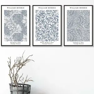 Set of 3 Framed Blue William Morris Vintage Floral / 42x59cm (A2) / Black