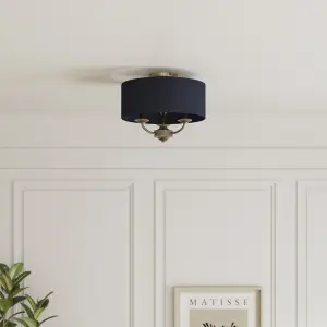 GoodHome Round Satin Fabric & metal Navy Antique brass effect 3 Lamp LED Ceiling light