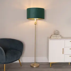 ValueLights Maggie Gold Candlestick Floor Lamp with Forest Green Velvet with Gold Inner Lamp Shade and LED Bulb