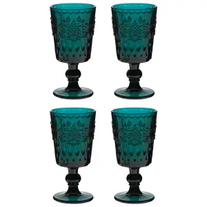 Set of 4 Luxury Embossed Dark Green Drinking Wine Glass Wine Goblets 290ml