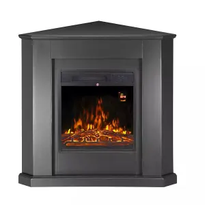 Modern Black Corner Electric Fireplace with Remote Control, Triangle LED Log Fire, and Stylish Mantle