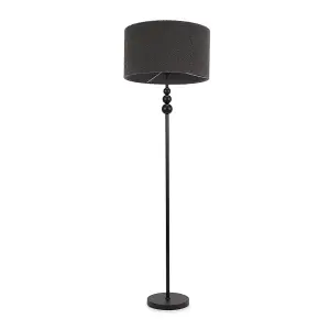 ValueLights Marissa Matt Black Stacked Ball Floor Lamp with Charcoal Grey Boucle Shade