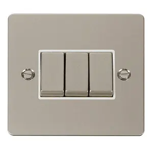 Flat Plate Pearl Nickel 10A 3 Gang 2 Way Ingot Light Switch - White Trim - SE Home