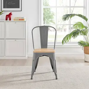 Furniturebox Set of 2 Grey Colton Tolix Style Stackable Industrial Metal Dining Chair With Pine Seat