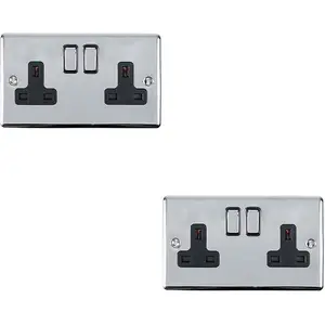 2 PACK 2 Gang Double UK Plug Socket POLISHED CHROME 13A Switched Black Trim