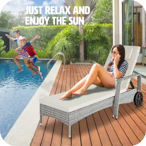 Sun Lounger Cassis - 6-step adjustable backrest, removable headrest, with wheels - light grey