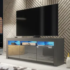 Shine TV Unit 160cm Dark Grey with High Gloss Doors and LED Lighting - Creative Furniture