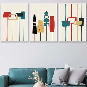 Set of 3 Framed Mid Century Modern in Teal, Red and Yellow / 50x70cm / White