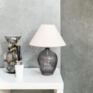 ValueLights Olivet Grey Glass Table Lamp with Fabric Tapered Lampshade Bedside Light - Bulb Included