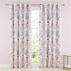 Dunelm Watercoloured Floral Blackout Eyelet Curtains, Floral, Size: W 167cm (66") X D 228cm (90"), Pink, Polycotton