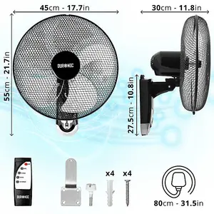 Duronic FN55 BK Wall Mounted Fan, Oscillating/Rotating 16 Inch Head, 60W Power - 3 Speeds, Timer Function, Remote Control (black)