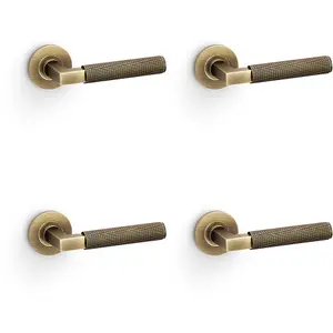 4 PACK - SOLID BRASS Knurled Door Handle Set - Antique Brass Angled Lever on Round Rose