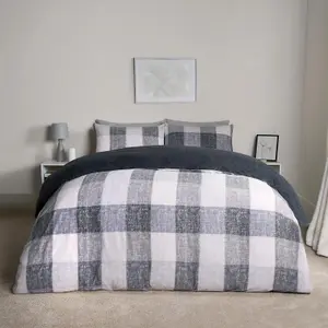 Gingham Teddy Duvet Cover Pillowcase Quilt Soft Bedding Set, Grey - Double