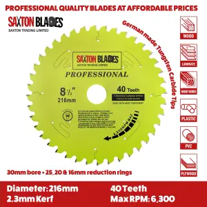 Saxton TCT21640TPRO Professional Range TCT Circular Blade 216mm x 40 Teeth x 20mm bore 16, 20, 25mm Ring