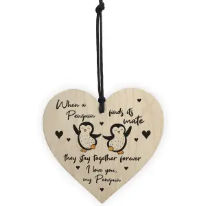 Penguin Gift For Husband Wife Girlfriend Boyfriend Wood Heart Valentines Gift Keepsake