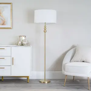 ValueLights Marissa Gold Stacked Ball Floor Lamp with White Drum Shade - LED Bulb Included