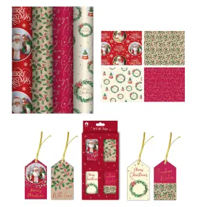 4x 4M Traditional Christmas Wrapping Paper Rolls Xmas Gift Wrap Plus 16 Gift Tags