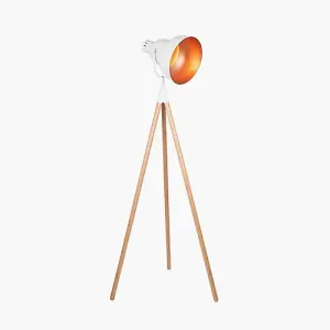 Boho White Metal and Natural Wood Tripod Floor Film Light