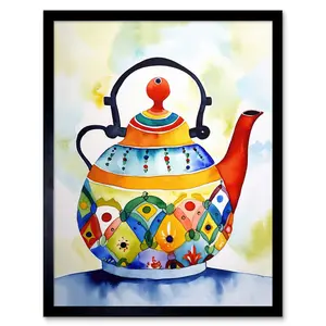 Enamelled Patterned Teapot Tea Kettle Folk Art Watercolour Painting Artwork Framed Wall Art Print 9X7 Inch