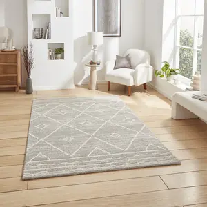 Grey Silver Geometric 15mm Thick Modern Rug, Stain-Resistant Rug for Living Room, Bedroom, & Dining Room-120cm X 170cm