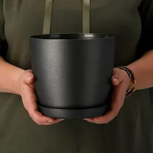 Plant Pots Flower Planter 6 Colours 8 sizes Matt Plastic Pot + Saucer Tray Deco Graphite Black Matt  14cm