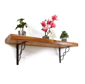 Wooden Rustic Shelf with Bracket WPRP Black 170mm 7 inches Medium Oak Length of 130cm